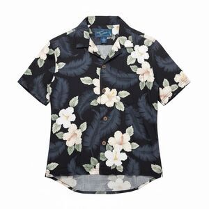 Island Traders Floral Navy Blue Button Down Hawaiian Shirt Size S